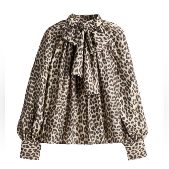 H&M Leopard Print Beige Blouse Balloon Raglan Sleeves Bow Tie Oversized, size M - Picture 3 of 8